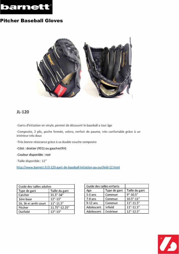JL-120 RĘKAWICE BEJSBOLOWE WSTĘPNE PU OUTFIELD 12 , CZARNE